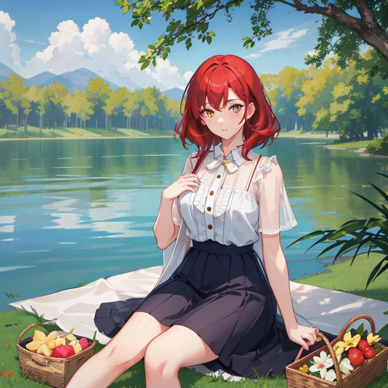 00158-2299588987-1Girl, mature, American, redhead, medium hair, yellow eyes, sitting on a picnic blanket near a lake, elegant summer dress, happy.png